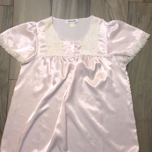 Vintage Dior Nightgown Pink Lace Cap Sleeves Round Neck Long Length Silky 48” - Picture 7 of 14